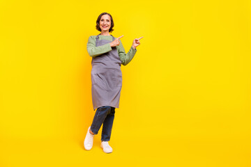 Full length body size view of attractive cheerful grey-haired woman helper showing copy space isolated over bright yellow color background