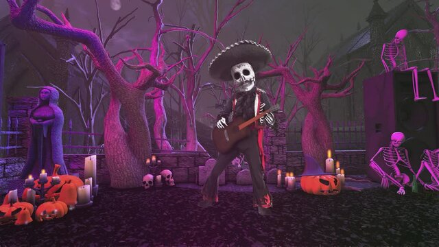 Seamless animation mariachi skeleton playing latin guitar in a graveyard party. Funny character dressed up  for The Day of Dead holiday with hat, makeup and costume.