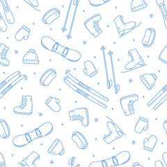 Seamless doodle pattern elements of winter active sports, skiing with sticks, downhill skiing, snowboarding, ice skates, winter clothing.