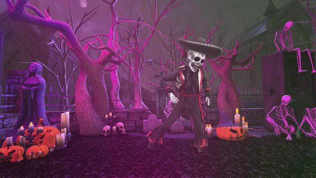 Seamless animation mariachi skeleton salsa dancing in a graveyard party. Funny character dressed up  for The Day of Dead holiday with hat, makeup and costume.