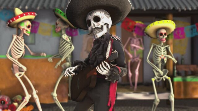 Seamless animation mariachi skeleton playing latin guitar in a graveyard party. Funny character dressed up  for The Day of Dead holiday with hat, makeup and costume.