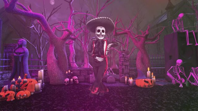 Seamless animation mariachi skeleton salsa dancing in a mexican village with skeletons. Funny character dressed up  for The Day of Dead holiday with hat, makeup and costume.