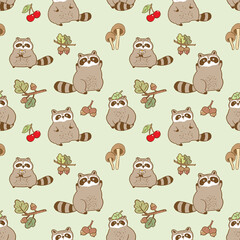 Seamless Pattern with Cartoon Raccoon Illustration Design on Light Green Background