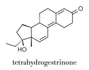 Tetrahydrogestrinone (THG) anabolic steroid molecule. Skeletal formula.