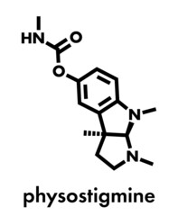 Physostigmine alkaloid molecule. Present in calabar bean and manchineel tree, acts as acetylcholinesterase inhibitor. Skeletal formula.