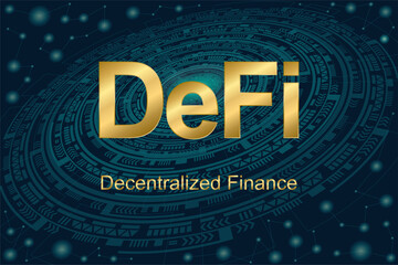 DeFi Decentralized Finance banner for decentralized financial system on dark green abstract futuristic background. Golden text of DeFi.