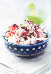 Salad with tuna, tomatoes and cucumber. Close up.