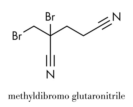 Methyldibromo glutaronitrile preservative molecule. Common allergen causing allergic contact dermatitis. Skeletal formula.