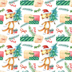 Fototapeta na wymiar Watercolor tiger,green Christmas tree and gifts. New Year seamles pattern with cute orange animals,boxes