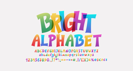 Cartoon colored font, bright transparent alphabet letters and numbers. Funny vector multicolor typeface