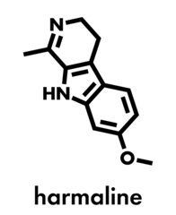 Harmaline indole alkaloid molecule. Found in Syrian rue (Peganum harmala). Skeletal formula.