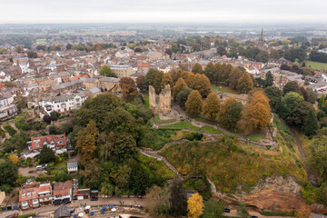 Aerial drone photo of the beautiful village of Knaresborough in North Yorkshire in the winter time showing the ruins of the famous Knaresborough Castle along side trees