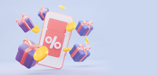Gift coupons on phone. The concept of a promo code with a percentage sign. With flying packages and gifts. 3d rendering. - obrazy, fototapety, plakaty