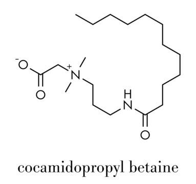 Cocamidopropyl betaine (CAPB) synthetic surfactant molecule. Used in shampoo, soap, hair conditioner, etc. Skeletal formula.
