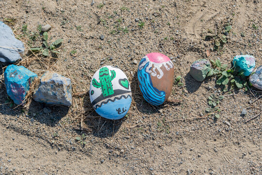 A beautiful different kinds of painted rocks in Lake Elsinore, California
