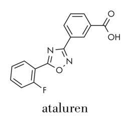 Ataluren genetic disorder drug. Investigated in treatment of cystic fibrosis and Duchenne muscular dystrophy. Thought to work by making ribosomes skip stop codons. Skeletal formula.