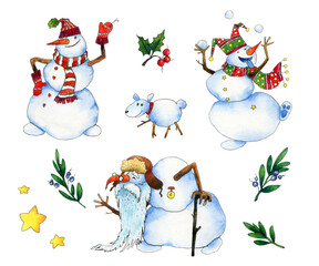 set of watercolor elements - snowmen, holly and mistletoe branches, stars on a white background.