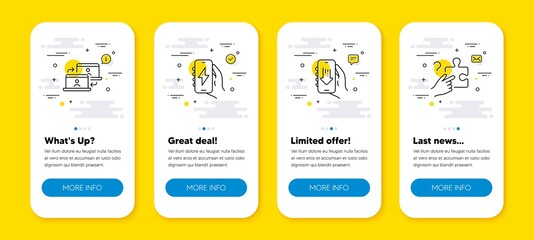 Vector set of Charging app, Outsource work and Download app line icons set. UI phone app screens with line icons. Search puzzle icon. Smartphone charger, Remote job, Smartphone with arrow. Vector