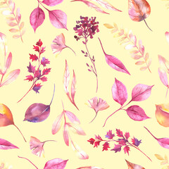 Fototapeta na wymiar Seamless pattern with hand painted watercolor autumn leaves o yellow background. Cute design for textile design, scrapbook paper, decorations. High quality illustration