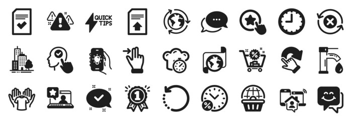 Set of Business icons, such as Cooking timer, Electric app, Hold t-shirt icons. Loan percent, Touchscreen gesture, Select user signs. Warning, Work home, Reject refresh. Checked file, Time. Vector