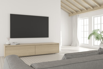 3d rendering of modern living room with TV screen.