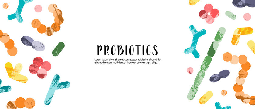 Probiotics. Lactic acid bacteria. Good microorganisms for gut, intestinal flora health. Microflora. Microbiome. Bifidobacterium, lactobacillus,  lactococcus, thermophilus streptococcus. Vector banner
