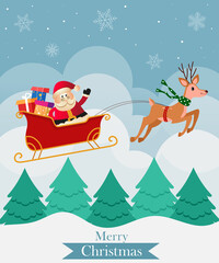 Fototapeta premium Christmas flying deer and Santa. Vector illustration