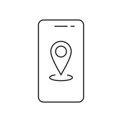 Smartphone specifications line icon. Geolocation map mark, mobile phone functions and apps. Vector line icon with editable strokes