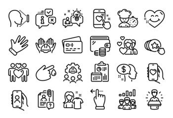 Vector set of Teamwork results, Chef and Clean shirt line icons set. Calendar report, Money wallet and Credit card tag. Pay, Brand ambassador and Hold heart icons. Vector