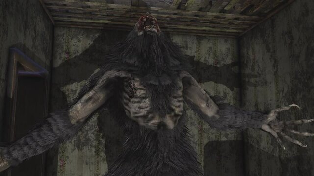 Seamless animation of a wendigo,a rageous monster zombie in a haunted house. Scary halloween background of a creepy creature for events and parties.