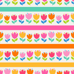 Colorful cute hand drawn tulips seamless pattern with striped background.