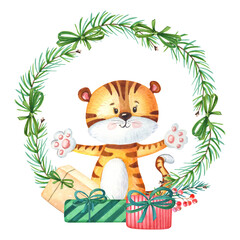 Watercolor New Year wreath. Tiger with Christmas tree and gift. Cute animal for greeting card.