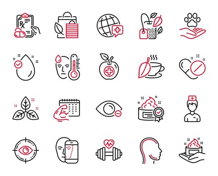 Vector Set of Healthcare icons related to Myopia, Vitamin e and Cream icons. Pets care, Medical pills and World medicine signs. Dumbbell, Eye target and Skin care. Fever, Doctor and Mint tea. Vector