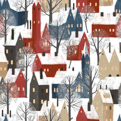 Seamless pattern with hand drawn textured houses. Cute old town, perfect for winter wrapping paper or fabric. - 464989381