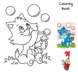 Cat blowing soap bubbles. Coloring book