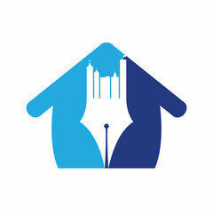 Creative concept with pen and city skyline logo design. Commercial buildings construction symbol.