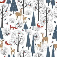 Seamless pattern with hand drawn winter forest and forest animals. Stylish illustration, perfect for winter wrapping paper or fabric. - 464989552