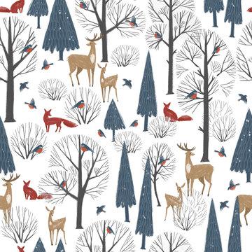 Seamless pattern with hand drawn winter forest and forest animals. Stylish illustration, perfect for winter wrapping paper or fabric.