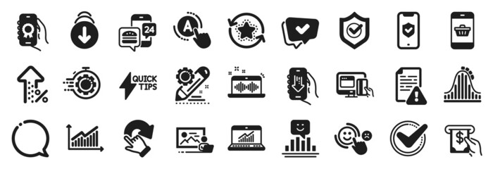 Set of Technology icons, such as Customer satisfaction, Loyalty points, Project edit icons. Download app, Online statistics, Quickstart guide signs. Atm service, Increasing percent, Smile. Vector