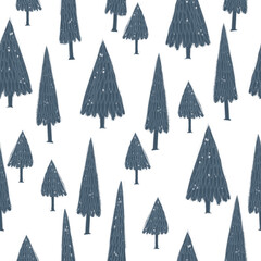 Seamless pattern with hand drawn winter pinetree forest. Stylish illustration, perfect for winter wrapping paper or fabric.