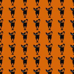 Vector seamless pattern with black cfts. Creative design with black cats on the orange background. Vector illustration. Textile pattern, print pattern