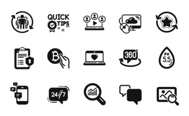 Vector set of 360 degree, Cloud computing and Communication icons simple set. Privacy policy, Data analysis and Speech bubble icons. Bitcoin pay, Loyalty points and Video conference signs. Vector