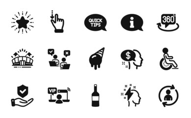 Vector set of Sports arena, Wine and 360 degree icons simple set. Quickstart guide, Star and Touchscreen gesture icons. Insurance hand, Disability and Person info signs. Vector