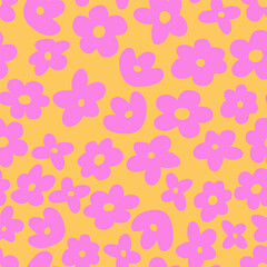 Colorful seamless vector pattern with cartoon flowers. Cute groovy elements, fun modern illustration, midcentury art
