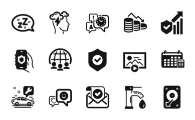 Vector set of Sleep, Start presentation and Security statistics icons simple set. Security app, Global business and Tap water icons. Confirmed mail, Mindfulness stress and Money loss signs. Vector