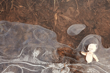 doll broken horror, winter frost ice, background fear abandoned lost child
