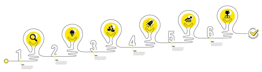 Lightbulb journey path infographics. Business Infographic timeline with 6 steps. Workflow process diagram with Research idea, Team work, Growth chart and Winner cup target icons. Vector
