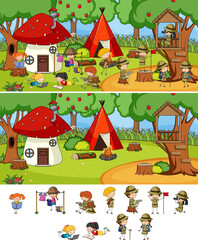 Camping scene set with many kids cartoon character isolated