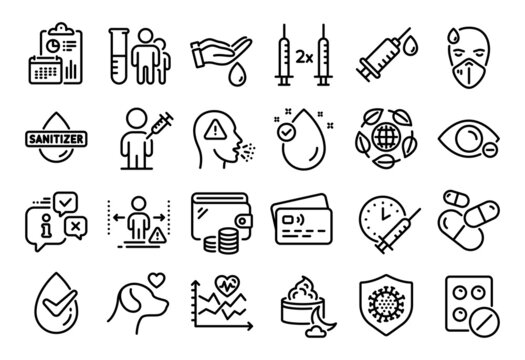Vector set of Medical analyzes, Eco organic and Medical tablet line icons set. Calendar report, Money wallet and Credit card tag. Coronavirus, Sick man and Pets care icons. Vector
