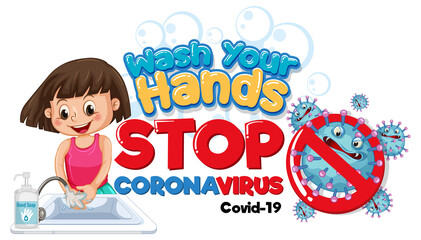 Wash Your Hands Stop Coronavirus banner with a girl washing hands on white background